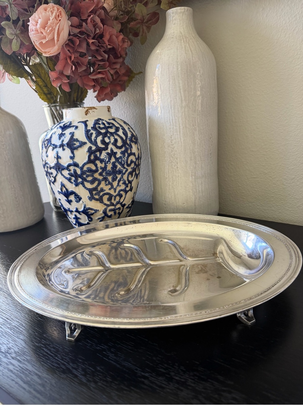 Vintage Rare Tree of Life Oval Footed Silver Meat Platter